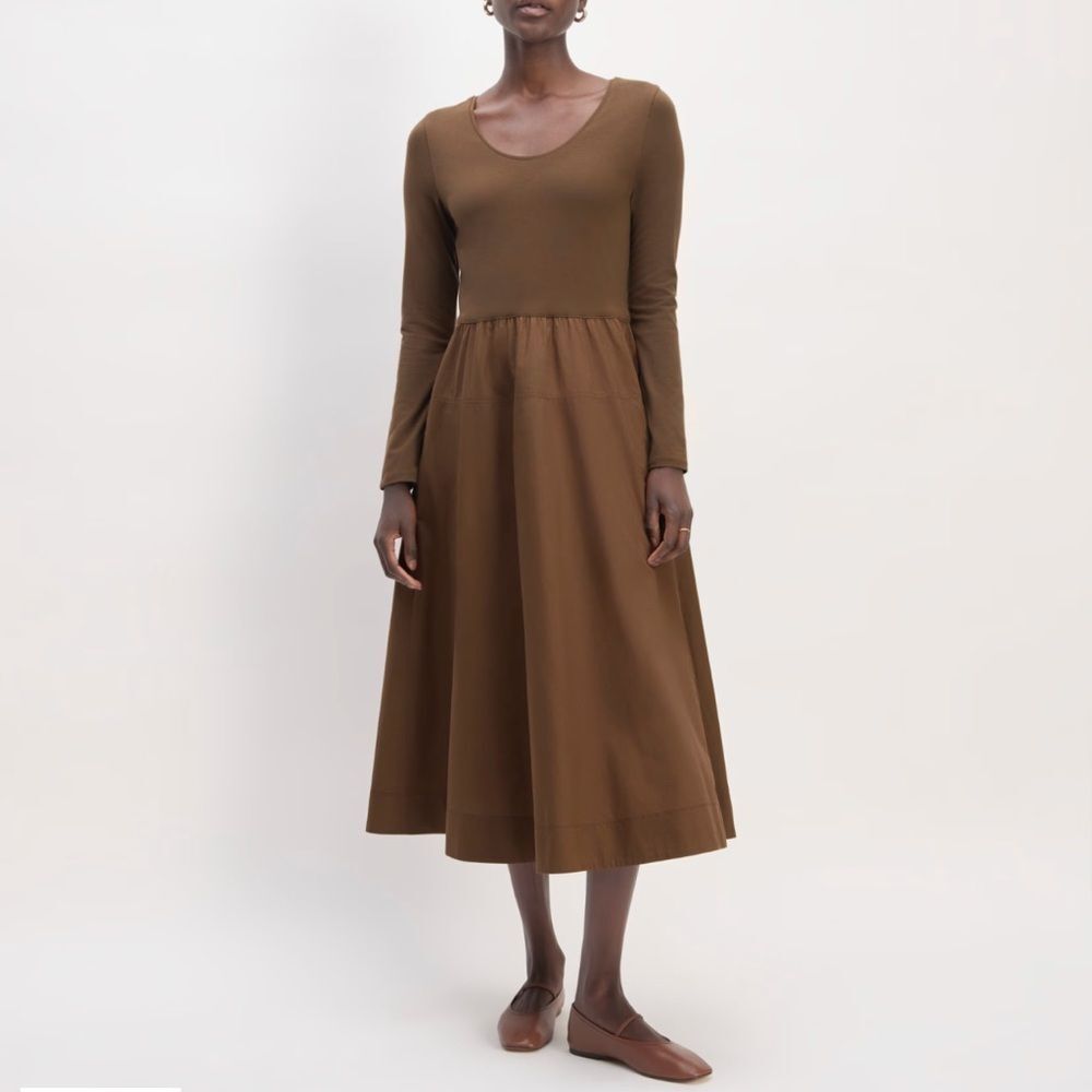 Everlane Long-Sleeve Riviera Midi Dress Cocoa Size XS Poplin Supima Cotton